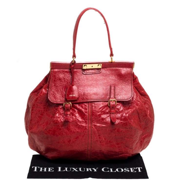 Pre Owned Miu Miu Red Vitello Lux Leather Frame Top Handle Bag