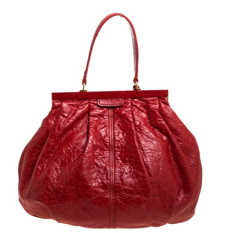 Pre Owned Miu Miu Red Vitello Lux Leather Frame Top Handle Bag