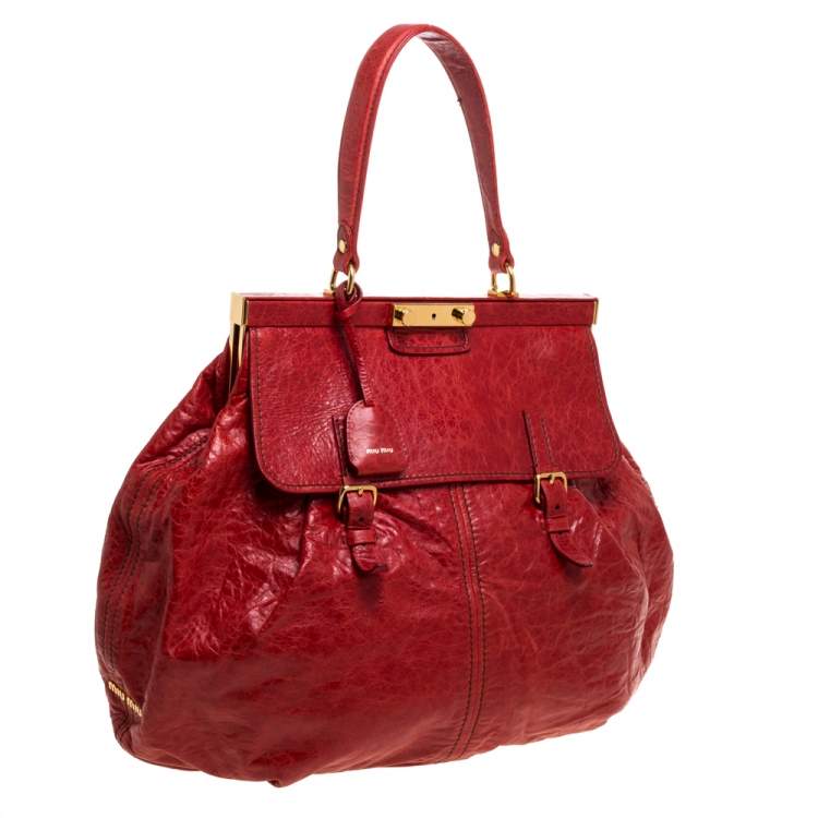 Pre Owned Miu Miu Red Vitello Lux Leather Frame Top Handle Bag