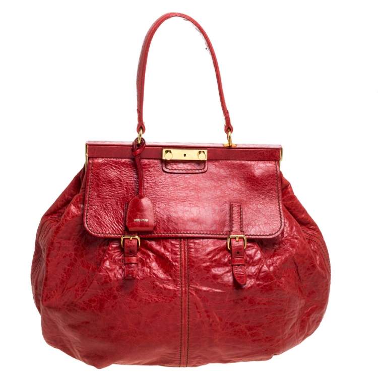 Pre Owned Miu Miu Red Vitello Lux Leather Frame Top Handle Bag
