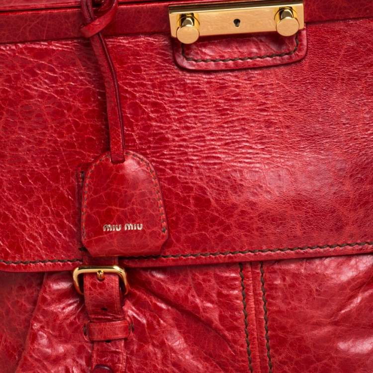 Pre Owned Miu Miu Red Vitello Lux Leather Frame Top Handle Bag