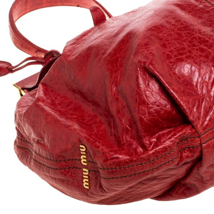Pre Owned Miu Miu Red Vitello Lux Leather Frame Top Handle Bag