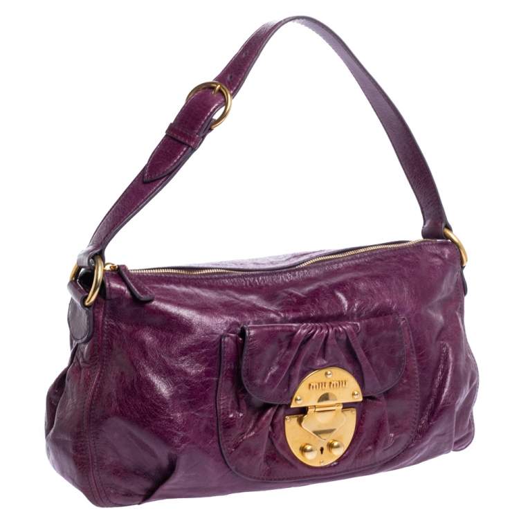 Pre Owned Miu Miu Purple Leather Front Pocket Hobo.