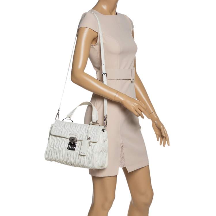 Pre Owned Miu Miu White Matelassé Leather Flap Top Handle Bag