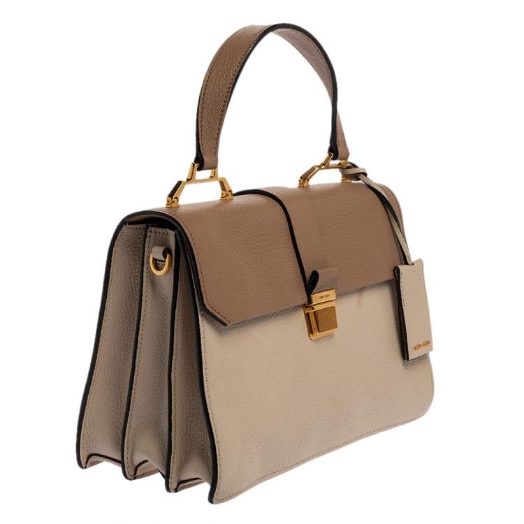 Pre Owned Miu Miu Two Tone Beige Leather Madras Top Handle Bag