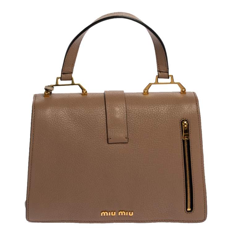 Pre Owned Miu Miu Two Tone Beige Leather Madras Top Handle Bag