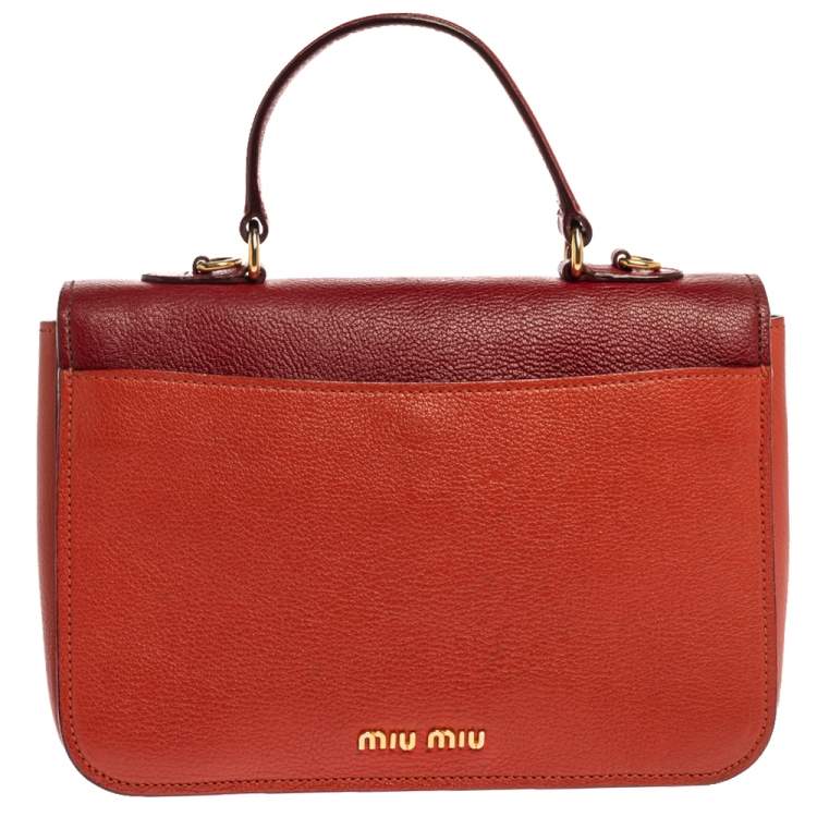 Pre Owned Miu Miu Orange/Red Madras Leather Push Lock Flap Top Handle Bag