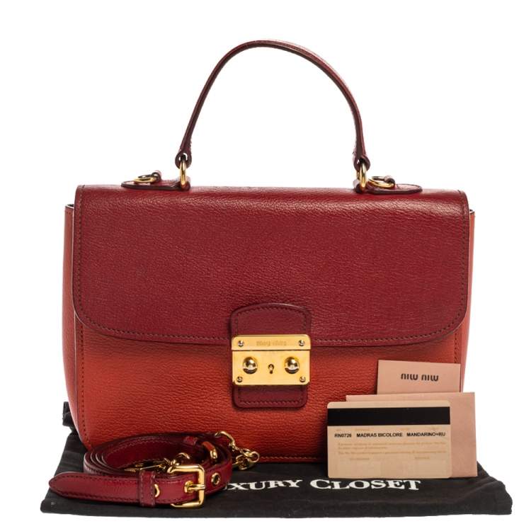 Pre Owned Miu Miu Orange/Red Madras Leather Push Lock Flap Top Handle Bag