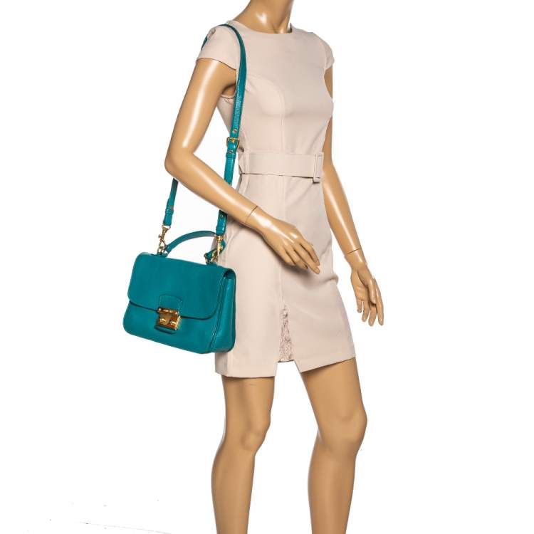Pre Owned Miu Miu Green Madras Leather Push Lock Flap Top Handle Bag