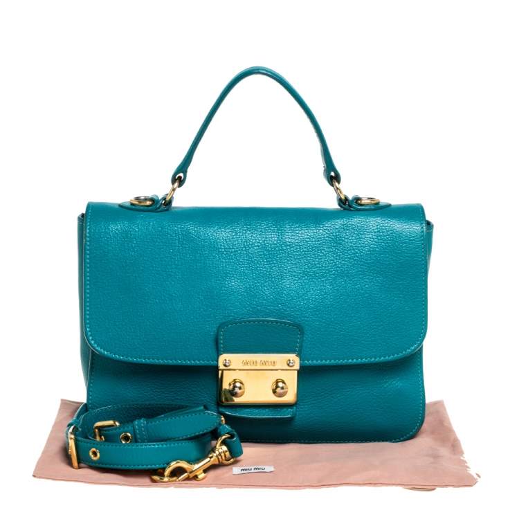 Pre Owned Miu Miu Green Madras Leather Push Lock Flap Top Handle Bag