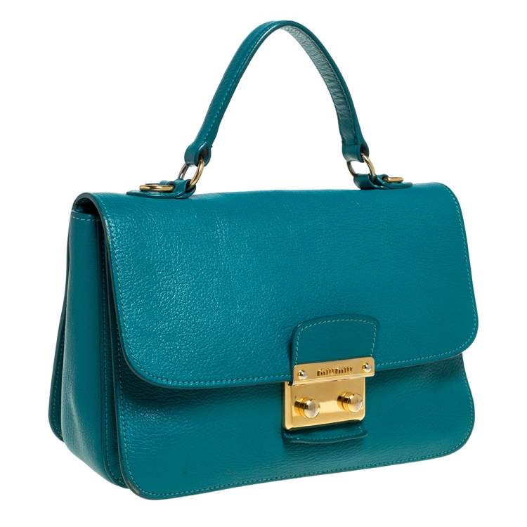 Pre Owned Miu Miu Green Madras Leather Push Lock Flap Top Handle Bag