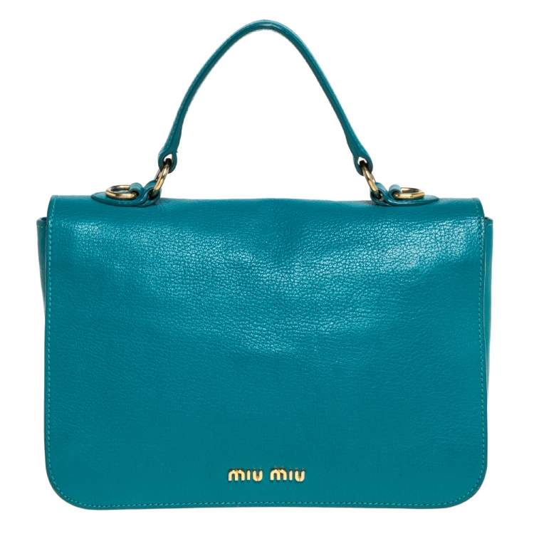 Pre Owned Miu Miu Green Madras Leather Push Lock Flap Top Handle Bag