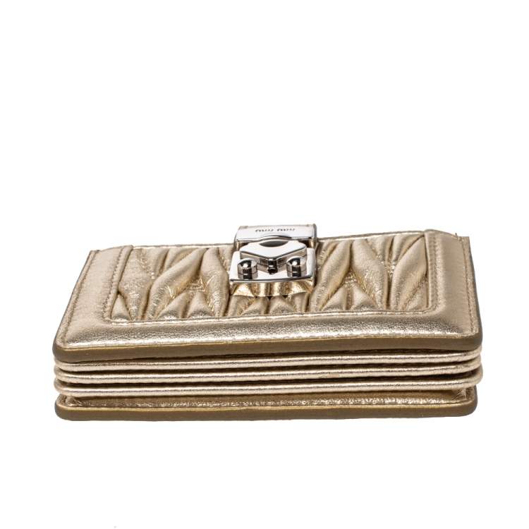 Pre Owned Miu Miu Metallic Gold Matelasse Leather Card Holder