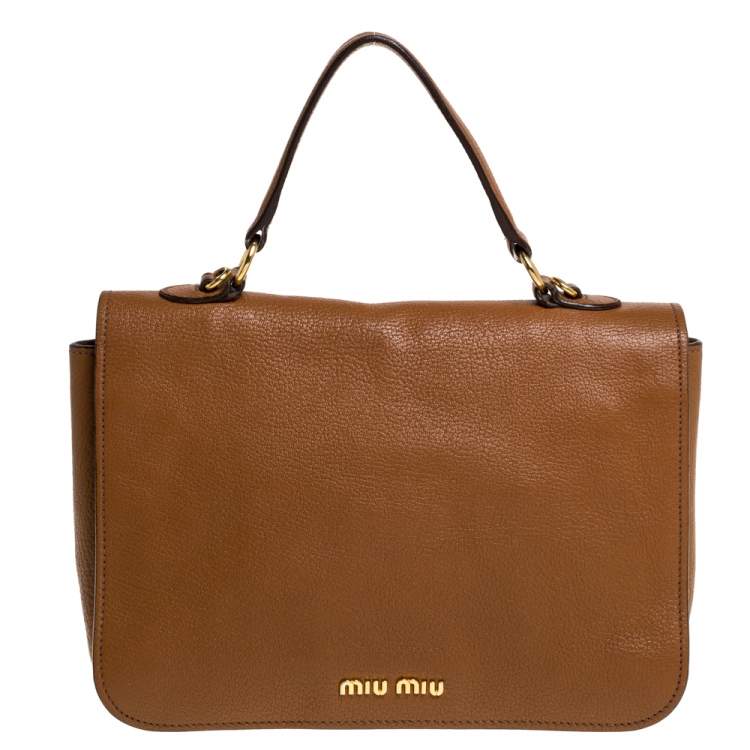 Pre Owned Miu Miu Brown Madras Leather Push Lock Flap Top Handle Bag