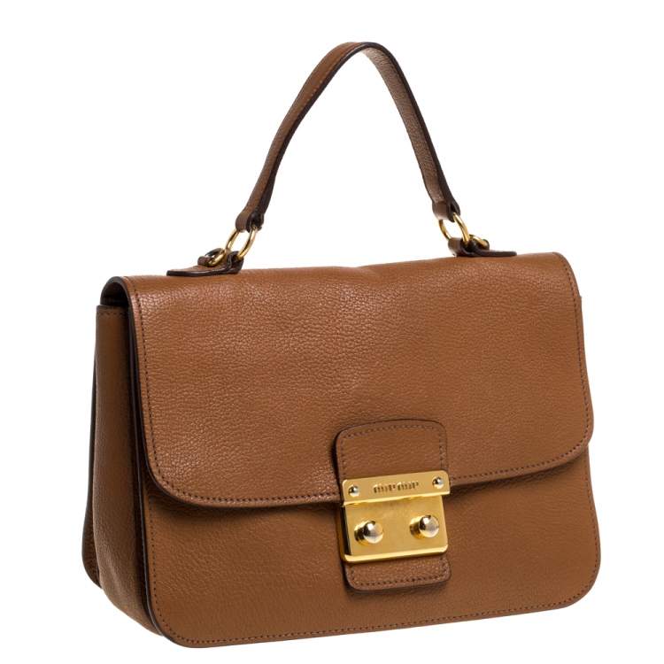Pre Owned Miu Miu Brown Madras Leather Push Lock Flap Top Handle Bag