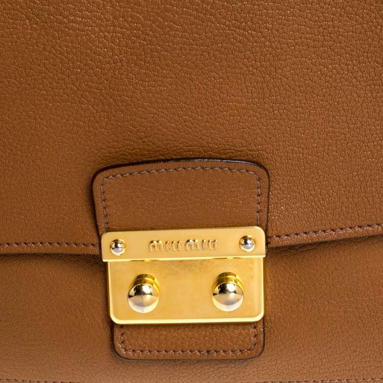 Pre Owned Miu Miu Brown Madras Leather Push Lock Flap Top Handle Bag