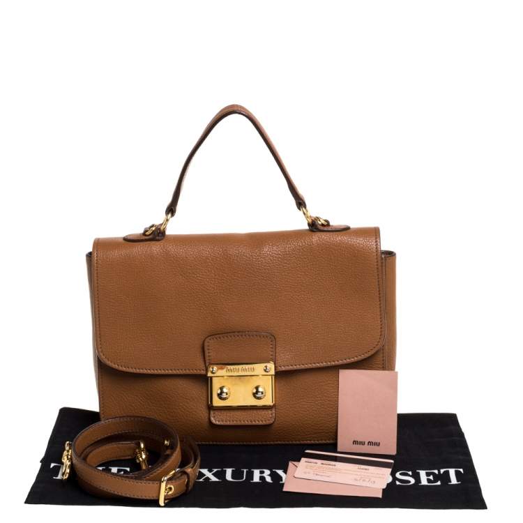 Pre Owned Miu Miu Brown Madras Leather Push Lock Flap Top Handle Bag