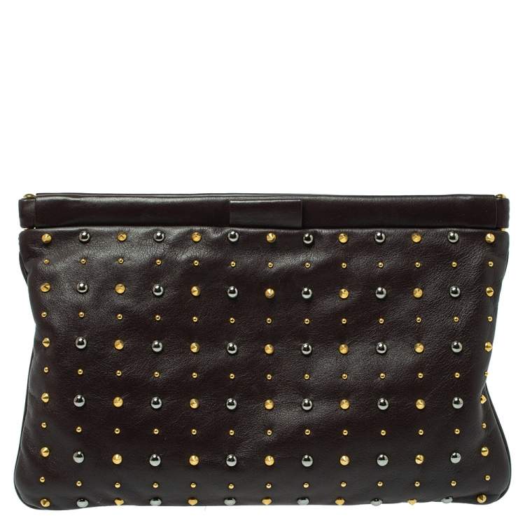 Pre Owned Miu Miu Dark Brown Leather Studded Clutch