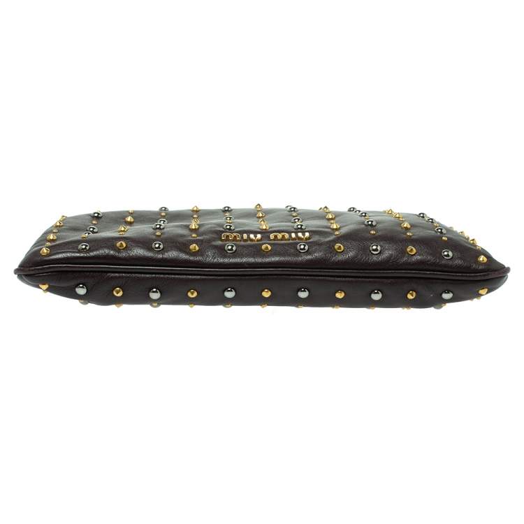 Pre Owned Miu Miu Dark Brown Leather Studded Clutch