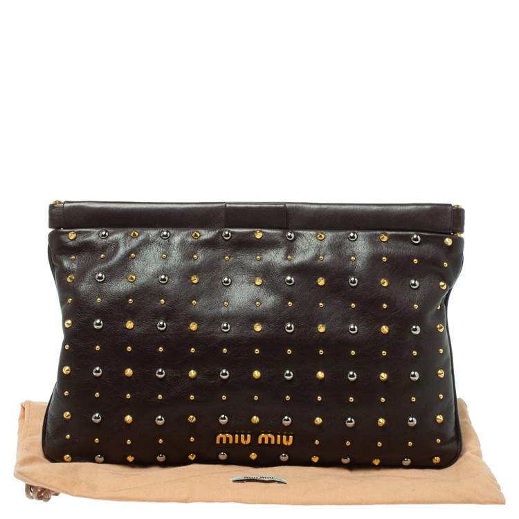 Pre Owned Miu Miu Dark Brown Leather Studded Clutch