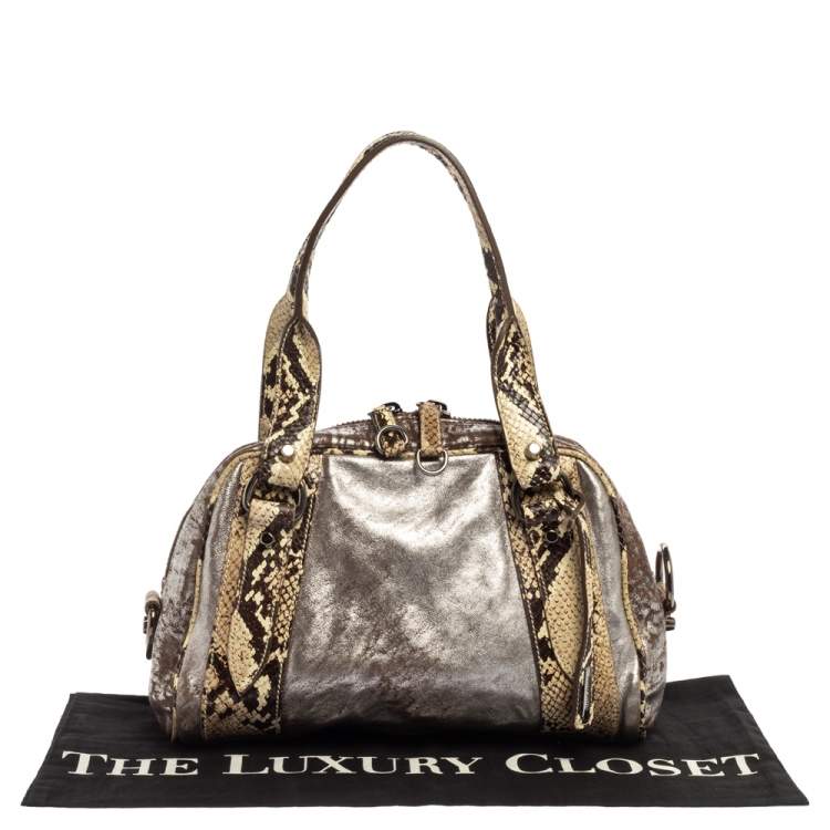 Pre Owned Miu Miu Silver/Cream Leather and Python Zip Satchel