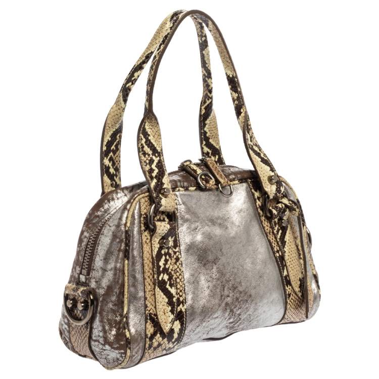 Pre Owned Miu Miu Silver/Cream Leather and Python Zip Satchel