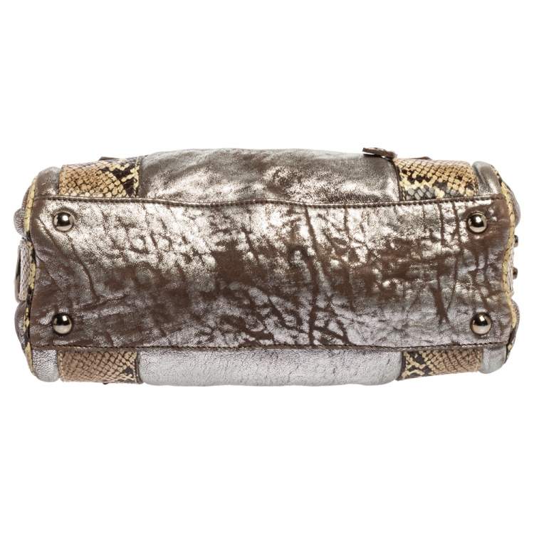 Pre Owned Miu Miu Silver/Cream Leather and Python Zip Satchel