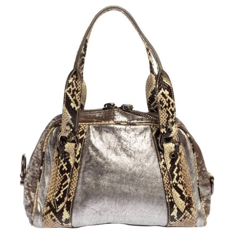 Pre Owned Miu Miu Silver/Cream Leather and Python Zip Satchel