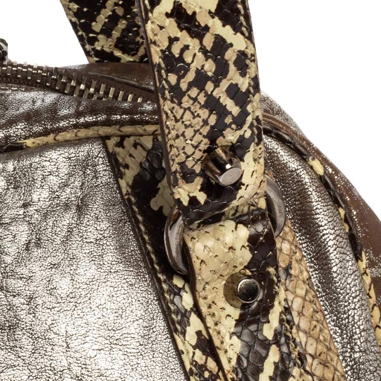 Pre Owned Miu Miu Silver/Cream Leather and Python Zip Satchel
