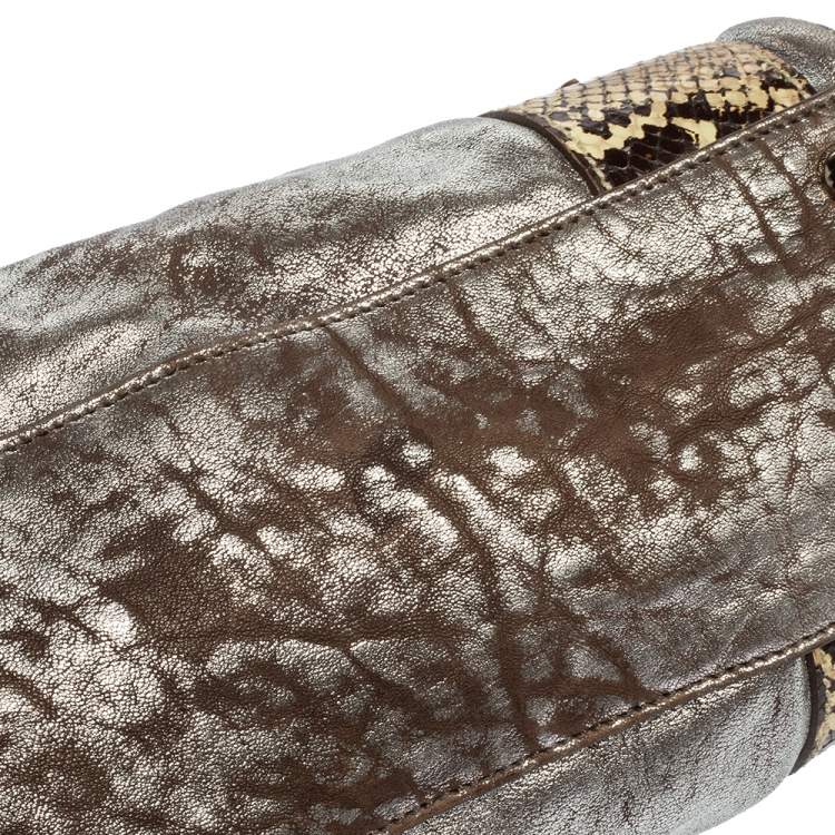 Pre Owned Miu Miu Silver/Cream Leather and Python Zip Satchel