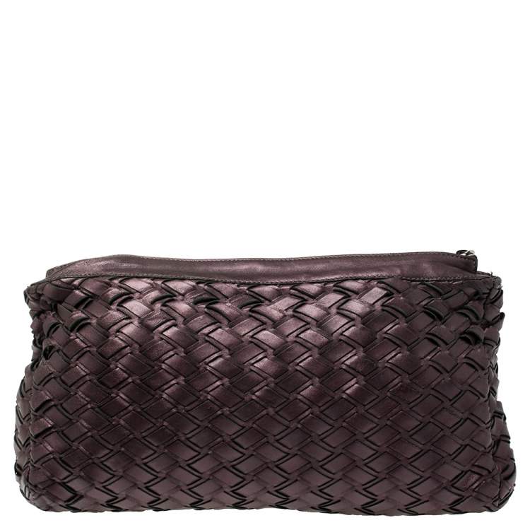 Pre Owned Miu Miu Plum Woven Soft Leather Zip Clutch