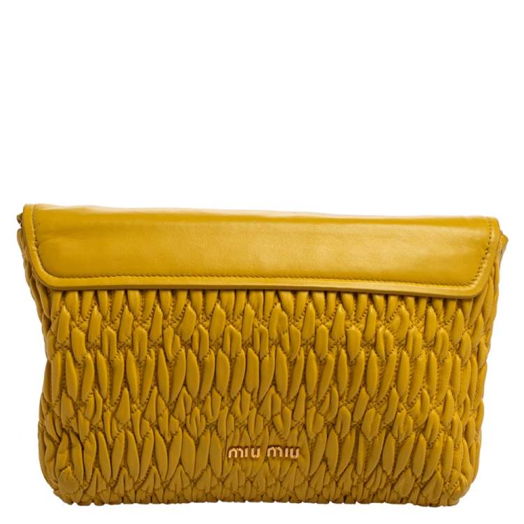 Pre Owned Miu Miu Yellow Matelasse Leather Pochette Bag