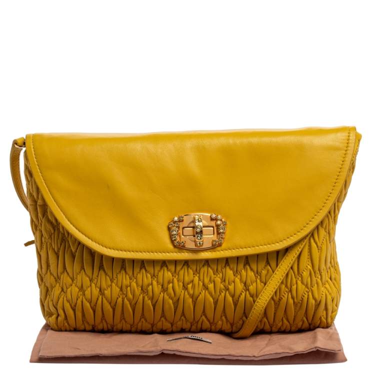 Pre Owned Miu Miu Yellow Matelasse Leather Pochette Bag