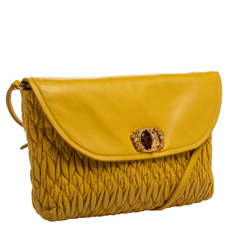 Pre Owned Miu Miu Yellow Matelasse Leather Pochette Bag