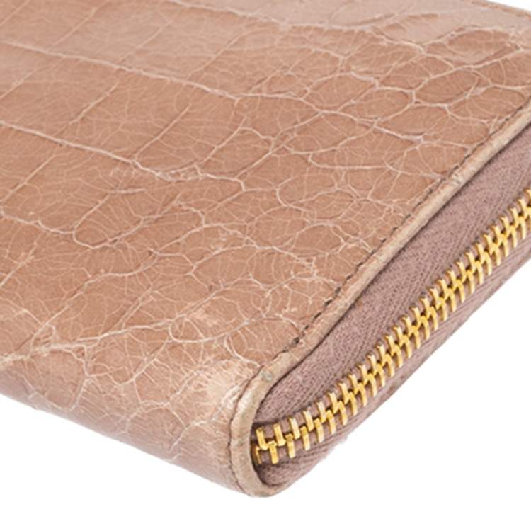 Pre Owned Miu Miu Beige Croc Embossed Patent Leather Zip Around Wallet