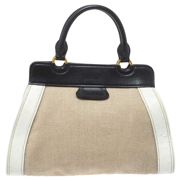 Pre Owned Miu Miu Tri Color Canvas,Leather and Ostrich Turn Lock Top Handle Bag