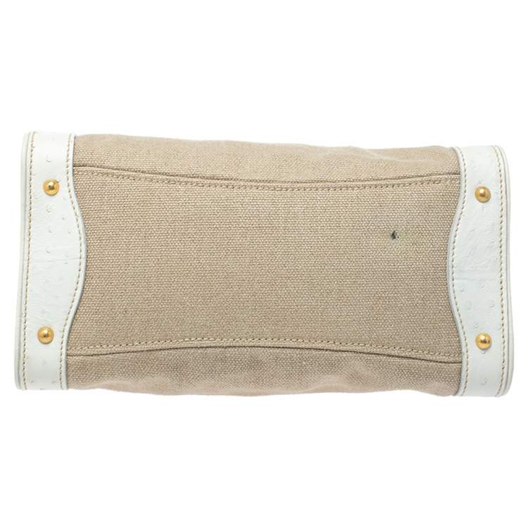 Pre Owned Miu Miu Tri Color Canvas,Leather and Ostrich Turn Lock Top Handle Bag