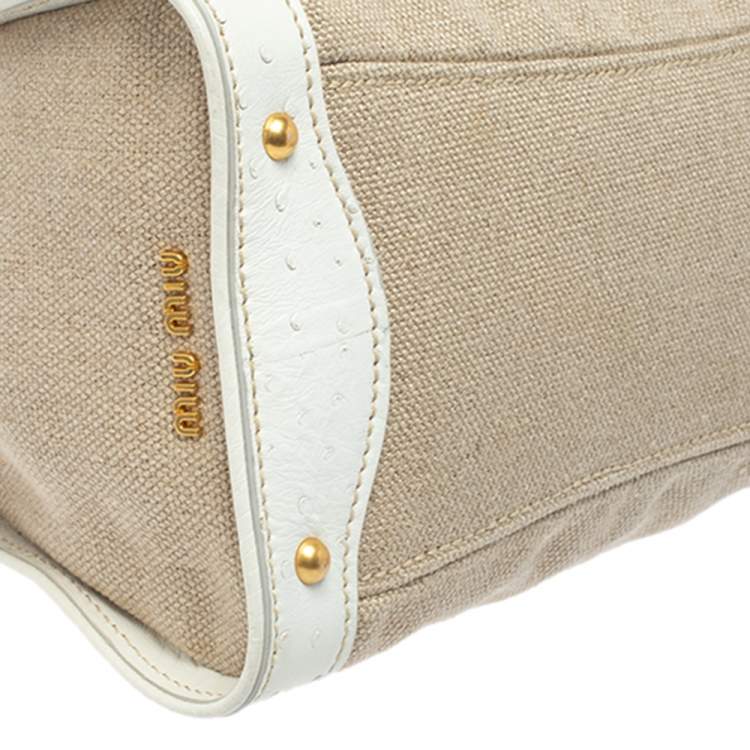 Pre Owned Miu Miu Tri Color Canvas,Leather and Ostrich Turn Lock Top Handle Bag