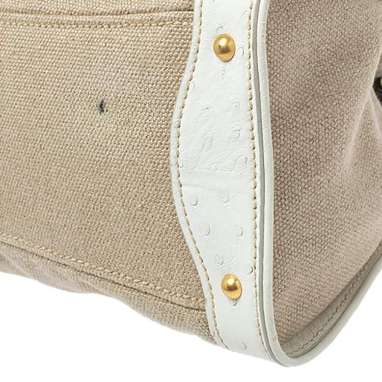 Pre Owned Miu Miu Tri Color Canvas,Leather and Ostrich Turn Lock Top Handle Bag