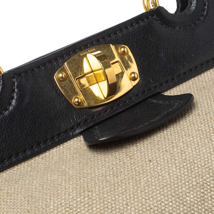 Pre Owned Miu Miu Tri Color Canvas,Leather and Ostrich Turn Lock Top Handle Bag