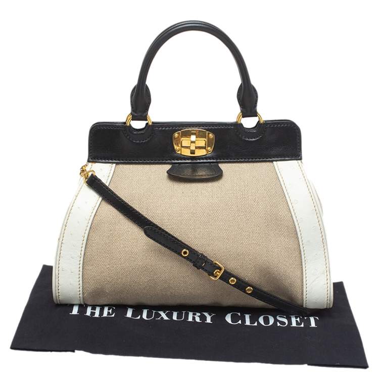 Pre Owned Miu Miu Tri Color Canvas,Leather and Ostrich Turn Lock Top Handle Bag