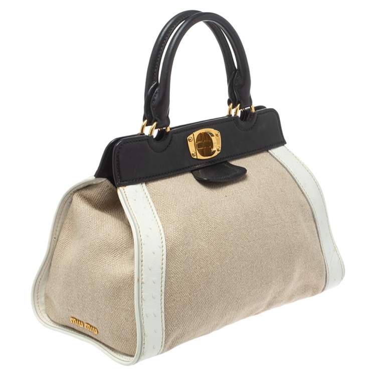 Pre Owned Miu Miu Tri Color Canvas,Leather and Ostrich Turn Lock Top Handle Bag