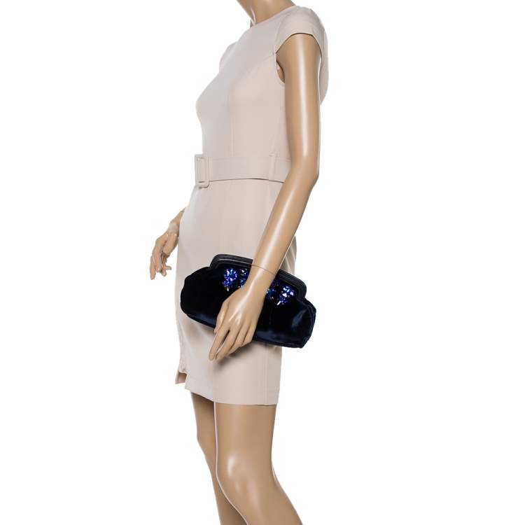 Pre Owned Miu Miu Navy Blue Velvet Crystal Embellished Clutch