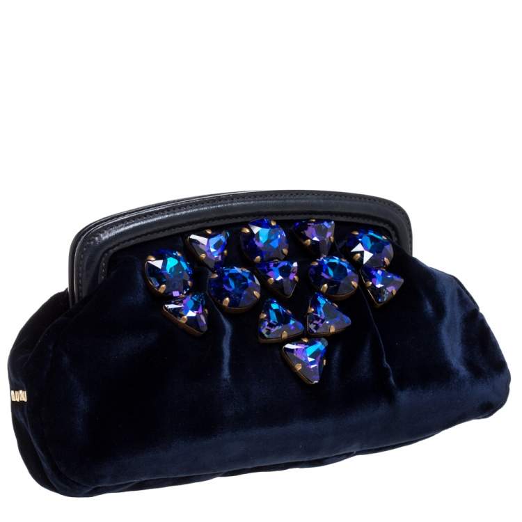 Pre Owned Miu Miu Navy Blue Velvet Crystal Embellished Clutch