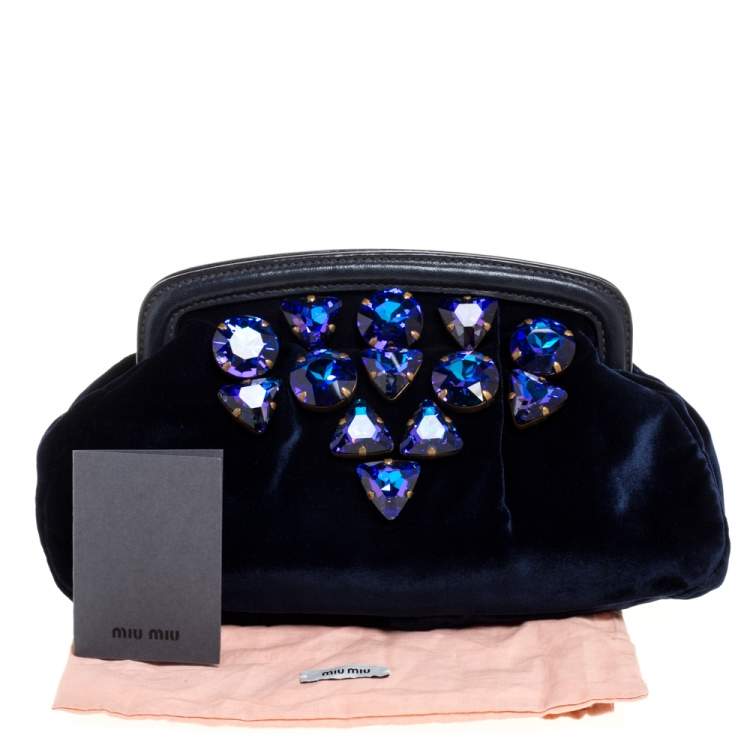 Pre Owned Miu Miu Navy Blue Velvet Crystal Embellished Clutch