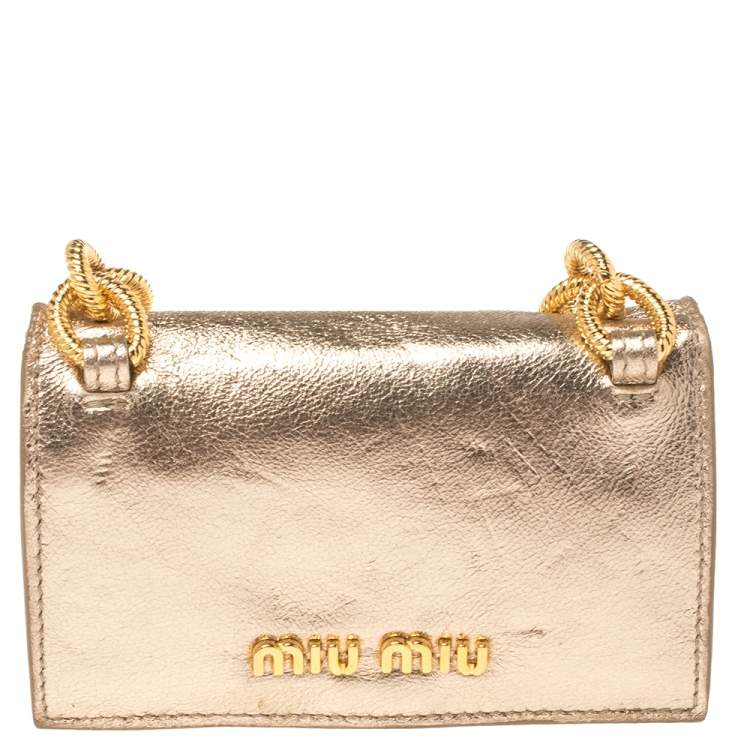 Pre Owned Miu Miu Metallic Gold Leather Crystal Embellishment Chain Card Holder