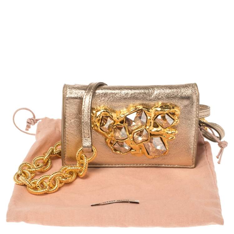 Pre Owned Miu Miu Metallic Gold Leather Crystal Embellishment Chain Card Holder
