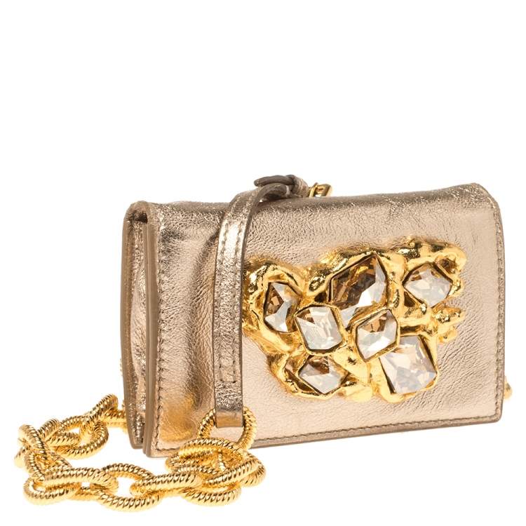 Pre Owned Miu Miu Metallic Gold Leather Crystal Embellishment Chain Card Holder