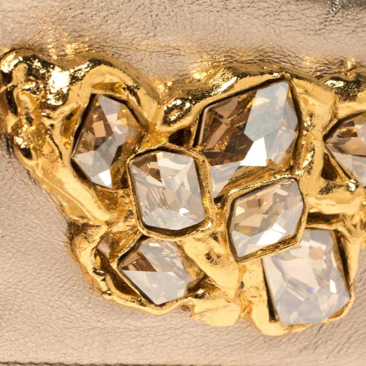 Pre Owned Miu Miu Metallic Gold Leather Crystal Embellishment Chain Card Holder