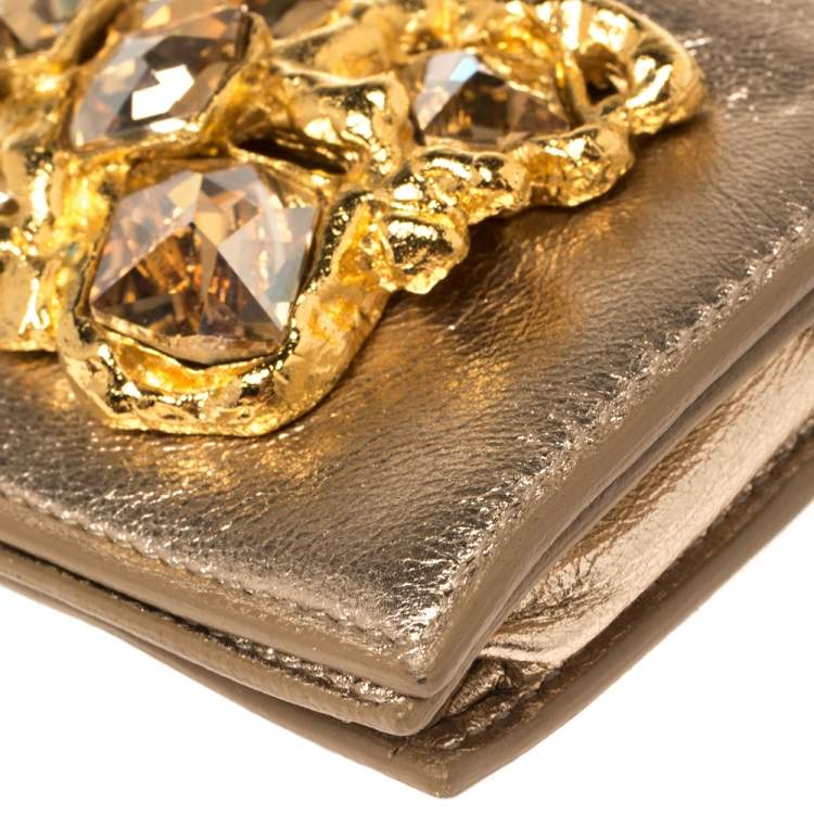 Pre Owned Miu Miu Metallic Gold Leather Crystal Embellishment Chain Card Holder